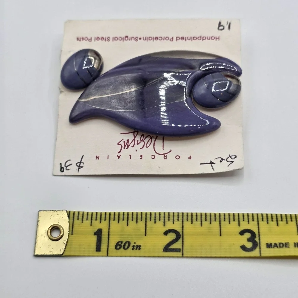 Porcelain Designs Handpainted Brooch‎ & Earrings Set Purple Surgical Steel New